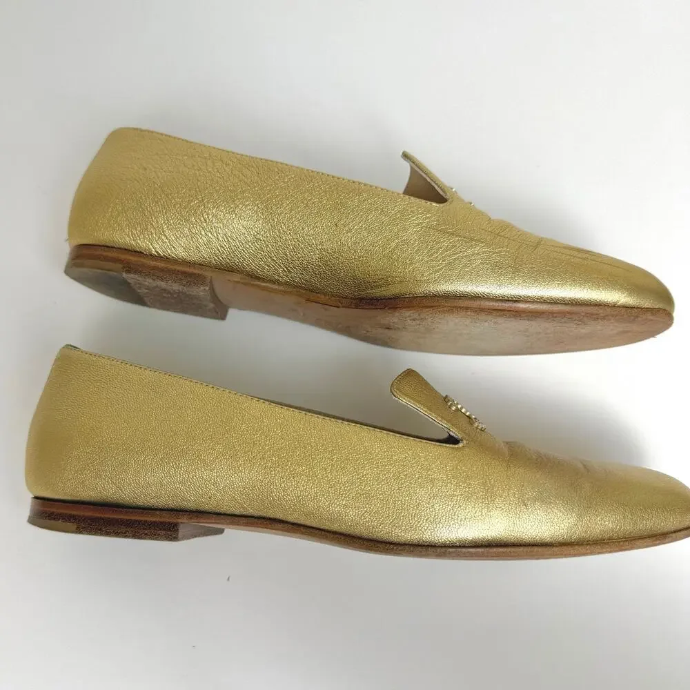 Chanel Metallic Gold Leather CC Embellished Loafers Flats Size 38 Authentic